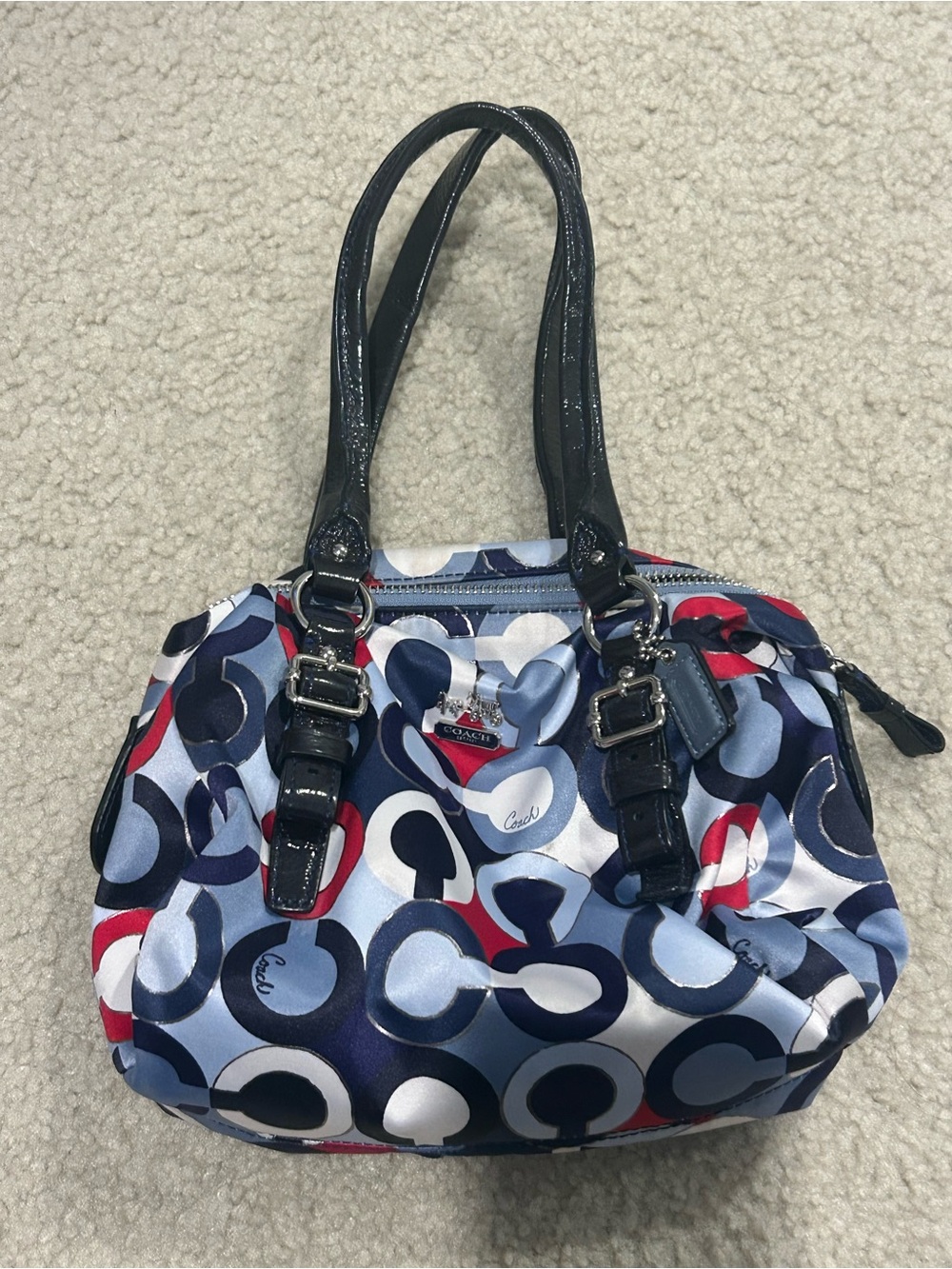 Coach Navy, Light Blue & Red Signature Circle Tote